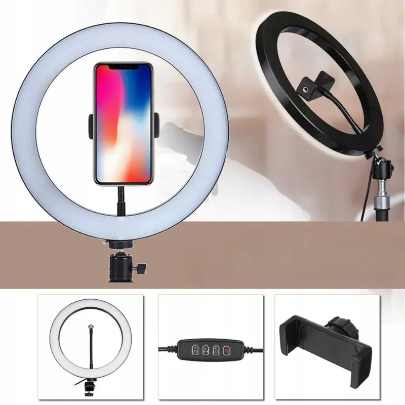Lampa LED Circulara cu Trepied Metalic Extensibil, Rotativa 360 de Grade, Lungime Extensie 210 cm, Diametru Lampa 26 cm, Conectare USB, Telecomanda, 3 Trepte de Lumina, Negru (6)