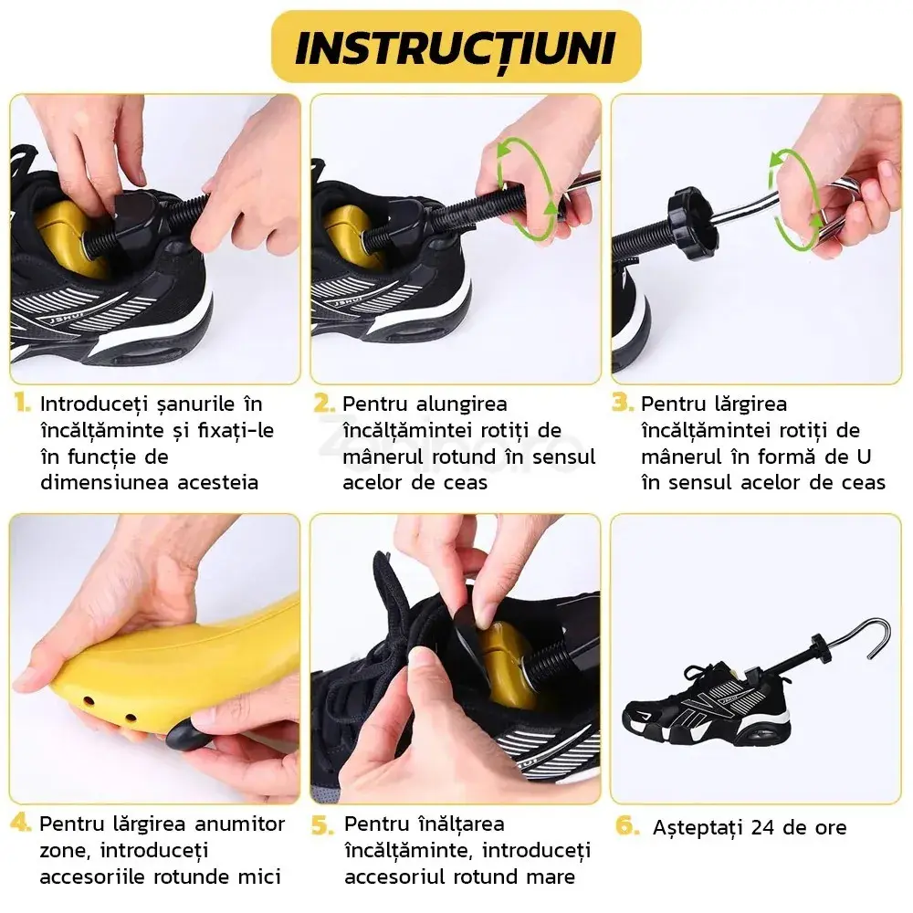 Set 2 Sanuri/Calapoade Reglabilile, pentru Alungit si Largit Pantofi, Geanta si Incaltator Incluse, Universale, Unisex, din ABS Premium, Arc, Marime 35 - 42, Galben/Negru (4)