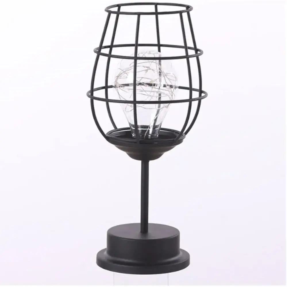 Lampa Decorativa cu Leduri, Model Pahar de Vin, cu Baterii, 13 x 13 x 28 cm, Suport Negru, Lumina Alb Cald