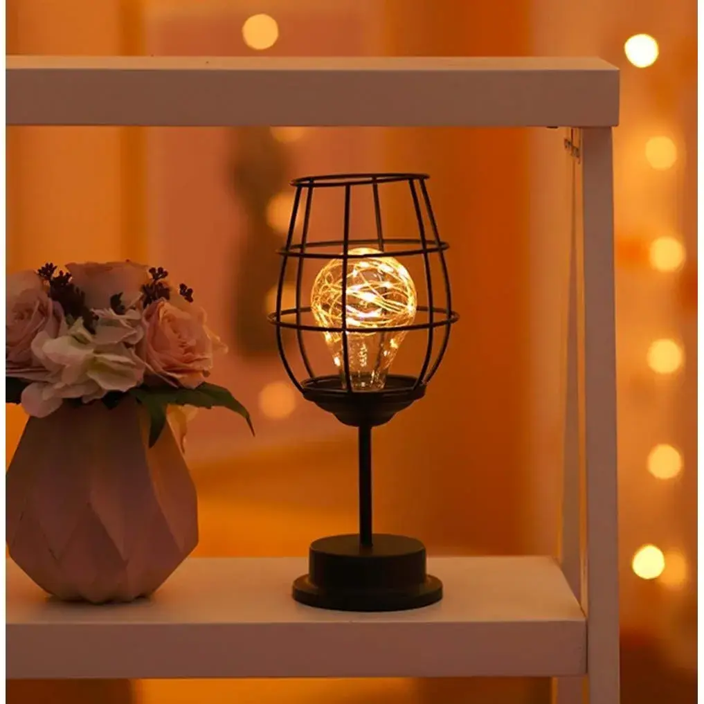 Lampa Decorativa cu Leduri, Model Pahar de Vin, cu Baterii, 13 x 13 x 28 cm, Suport Negru, Lumina Alb Cald (3)