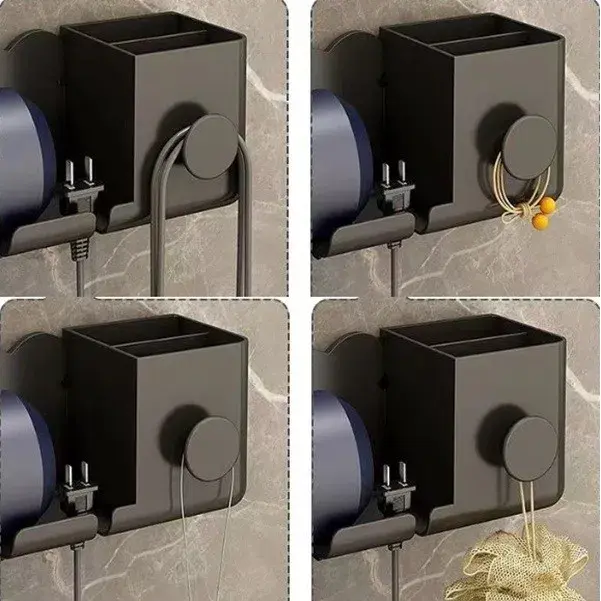 Suport de Baie, pentru Uscator de Par, cu Organizator Dublu, din Plastic, Aplicare cu Suport Adeziv, 23 x 8.8 x 9.5 cm, Negru (3)