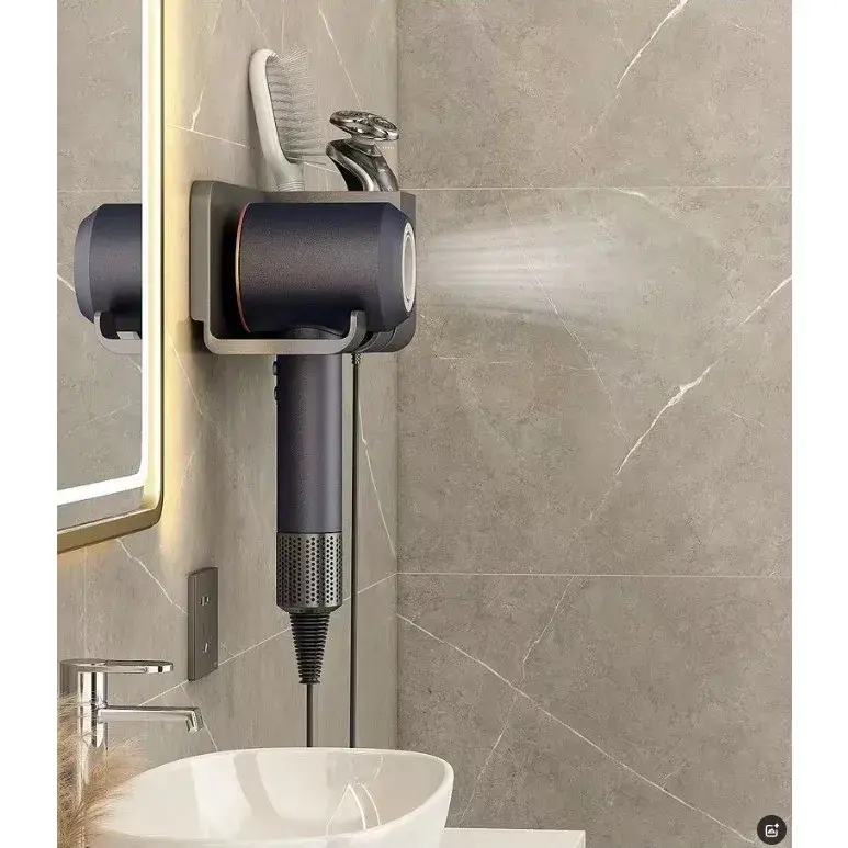 Suport de Baie, pentru Uscator de Par, cu Organizator Dublu, din Plastic, Aplicare cu Suport Adeziv, 23 x 8.8 x 9.5 cm, Negru (5)