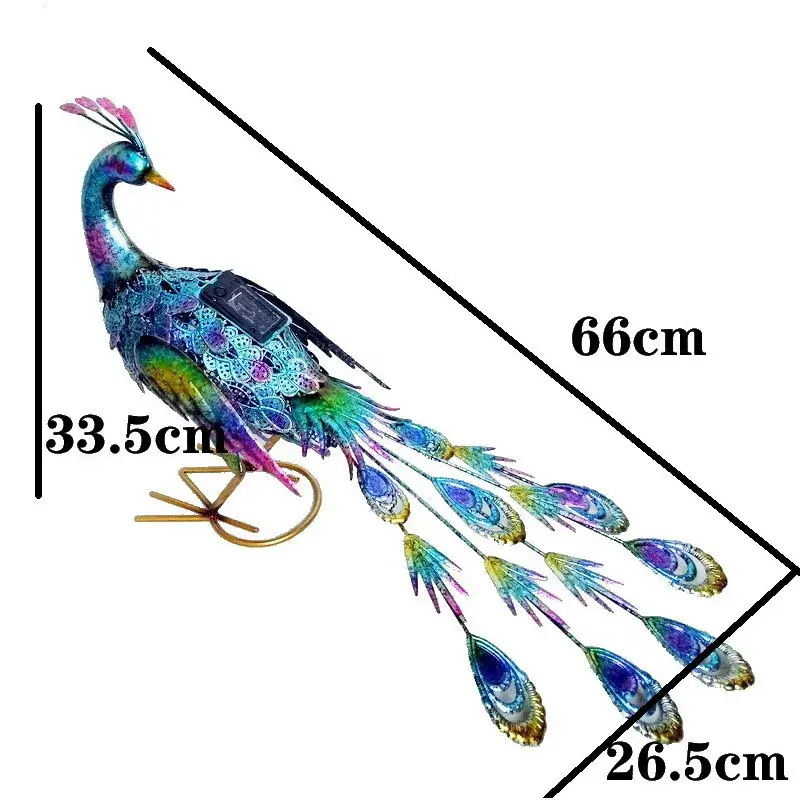 Decoratiune de Gradina cu Lampa solara, Model Paun Pitic, Iluminare Led si Incarcare Solara, 66 x 33.5 x 26.5 cm, din Fier, Albastru Multicolor (2)