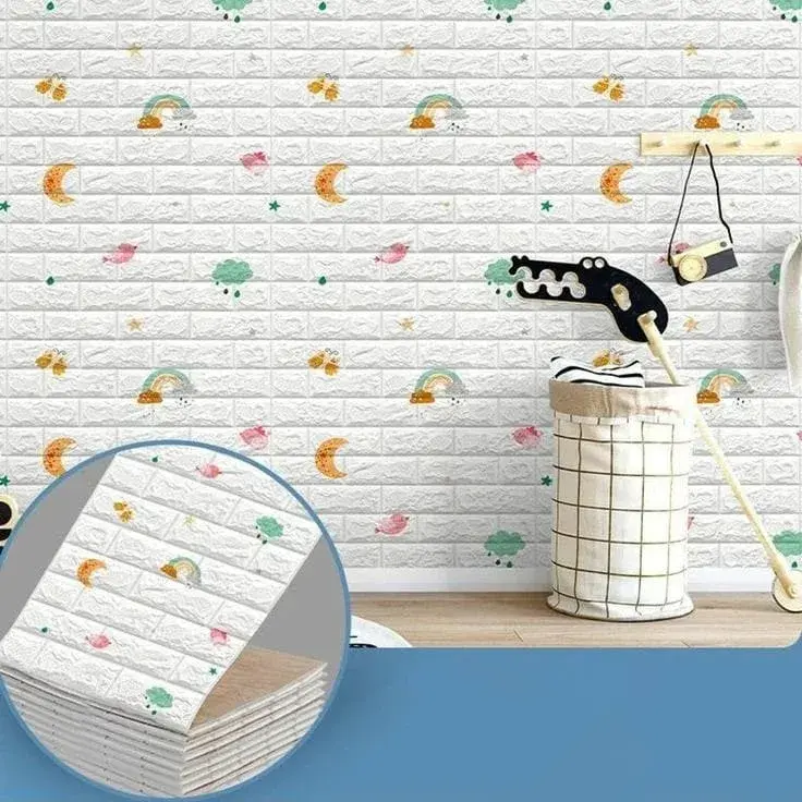Set 10 Placi Tapet 3D, 70 x 77 cm, Grosime 3 mm, din Polietilena, Tip Caramida, Model Curcubeu, Suprafata acoperita 5.3 mp, Alb (3)