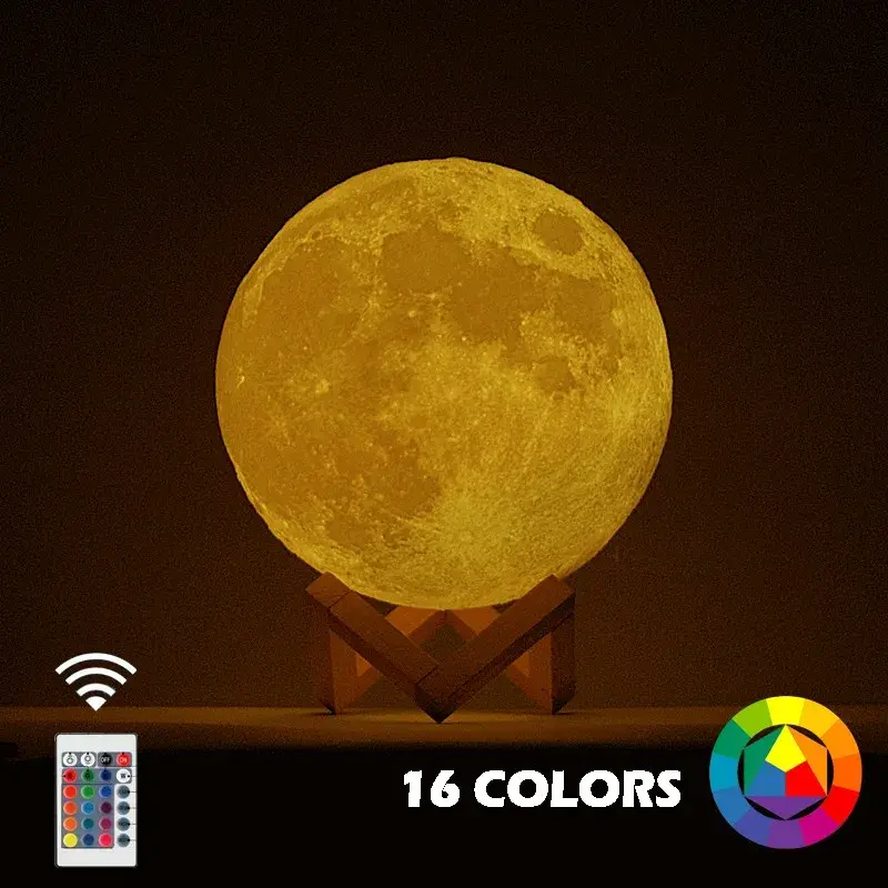 Lampa de veghe in forma de luna cu stele 3D Moon Light, Acumulator integrat, alimentare USB, stand din plastic inclus, 13 cm, 16 culori, Multicolor, Telecomanda inclusa (2)
