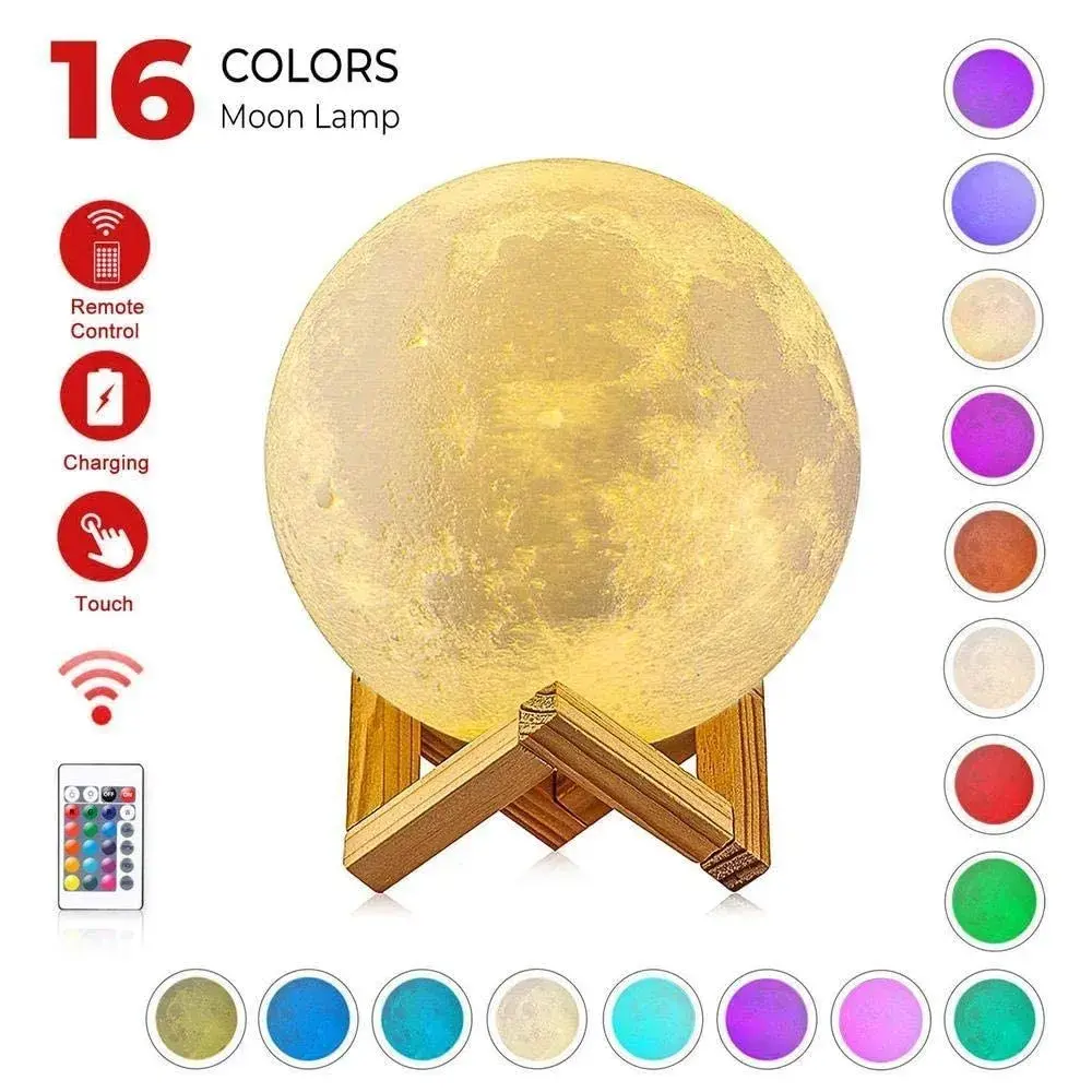 Lampa de veghe in forma de luna cu stele 3D Moon Light, Acumulator integrat, alimentare USB, stand din plastic inclus, 13 cm, 16 culori, Multicolor, Telecomanda inclusa (4)