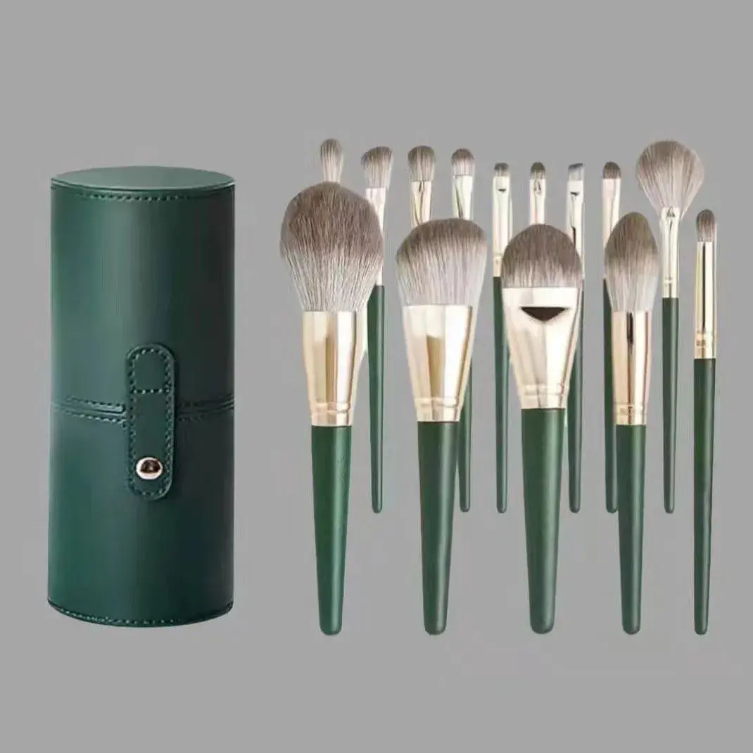 Set 14 Pensule de Machiaj cu Peri Moi, Husa si Suport pentru Depozitare, Pensule pentru Fata si Ochi, Verde (2)