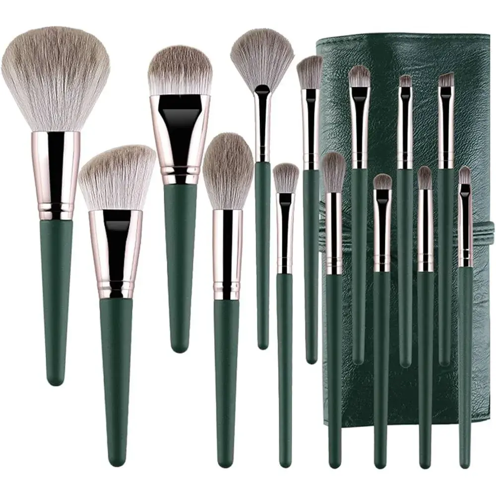 Set 14 Pensule de Machiaj cu Peri Moi, Husa si Suport pentru Depozitare, Pensule pentru Fata si Ochi, Verde (4)