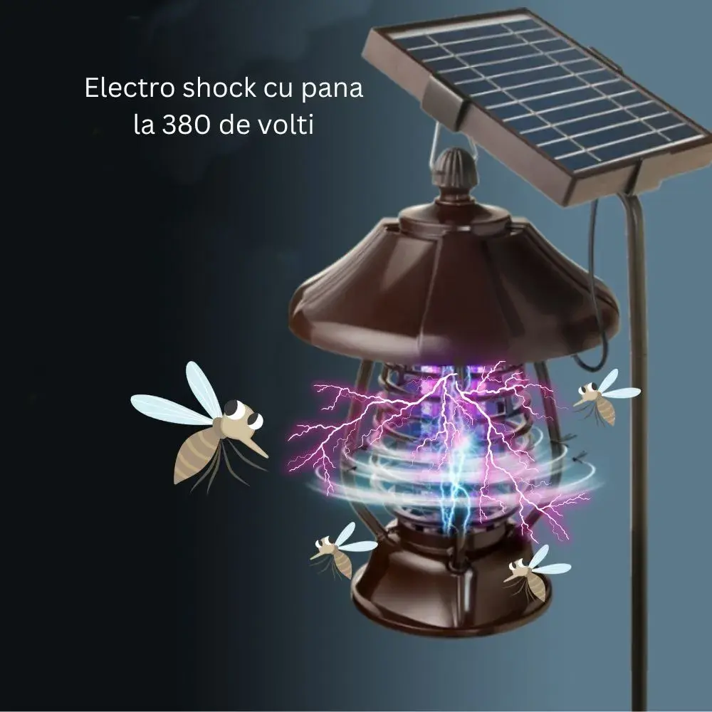 Lampa solara pentru gradina, anti-insecte, tantari, muste, UV, LED, material ABS, putere 5W, 1.2 V, autonomie 8 ore, 2 moduri de functionare, IP65, electric shock 380 volti, 30 x 19.5 cm, maro