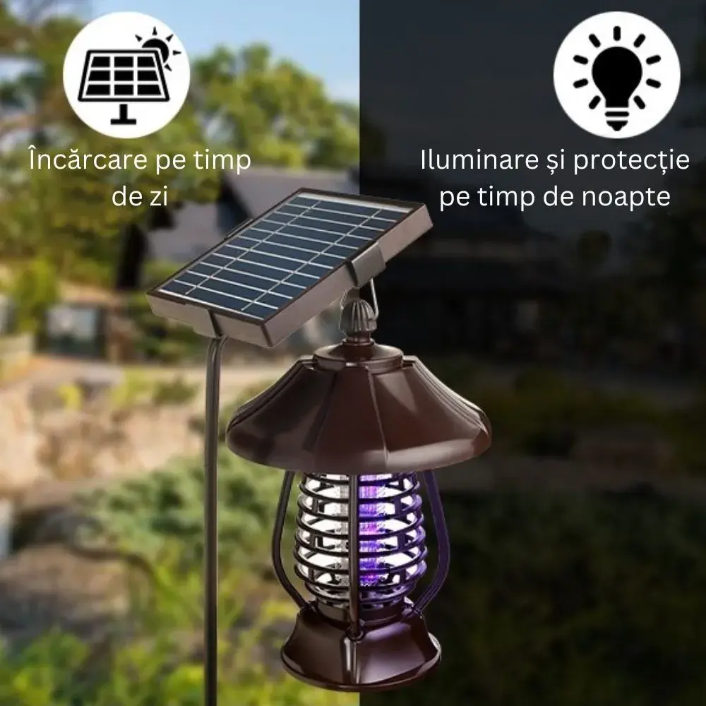 Lampa solara pentru gradina, anti-insecte, tantari, muste, UV, LED, material ABS, putere 5W, 1.2 V, autonomie 8 ore, 2 moduri de functionare, IP65, electric shock 380 volti, 30 x 19.5 cm, maro (4)