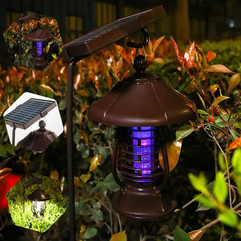 Lampa solara pentru gradina, anti-insecte, tantari, muste, UV, LED, material ABS, putere 5W, 1.2 V, autonomie 8 ore, 2 moduri de functionare, IP65, electric shock 380 volti, 30 x 19.5 cm, maro (6)