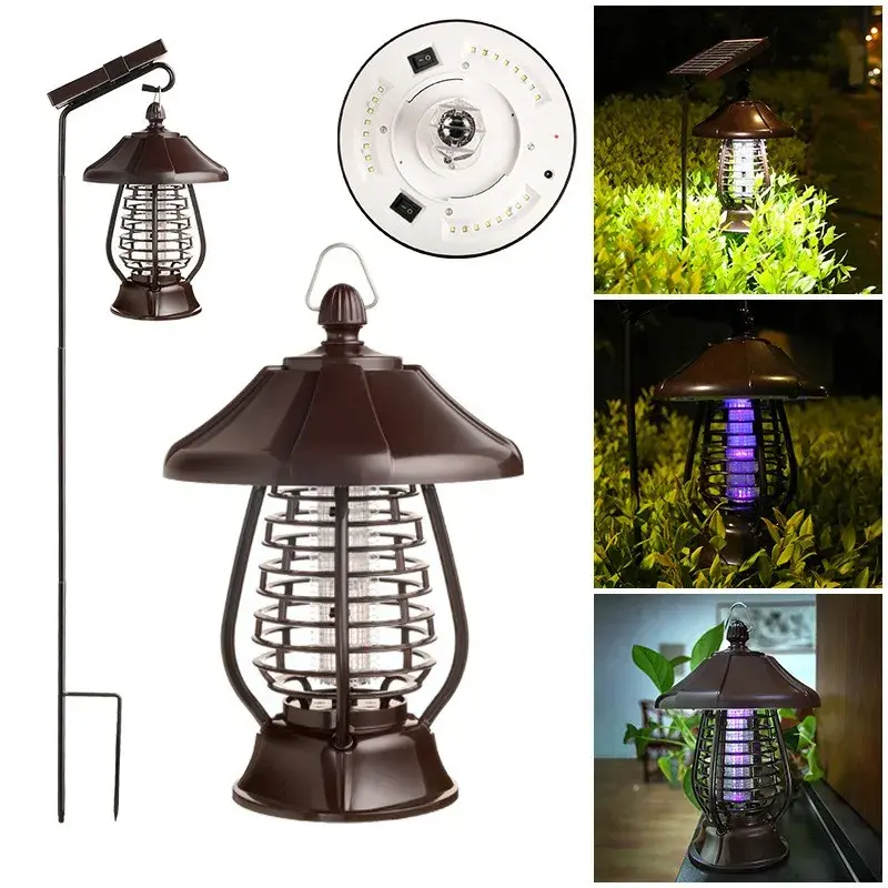 Lampa solara pentru gradina, anti-insecte, tantari, muste, UV, LED, material ABS, putere 5W, 1.2 V, autonomie 8 ore, 2 moduri de functionare, IP65, electric shock 380 volti, 30 x 19.5 cm, maro (7)