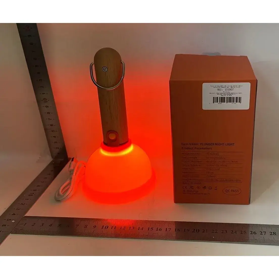 Lampa Nocturna, Model Ventuza de Toaleta, Alimentare USB, din Lemn si Silicon, 16 x 9 cm, Portocaliu (2)