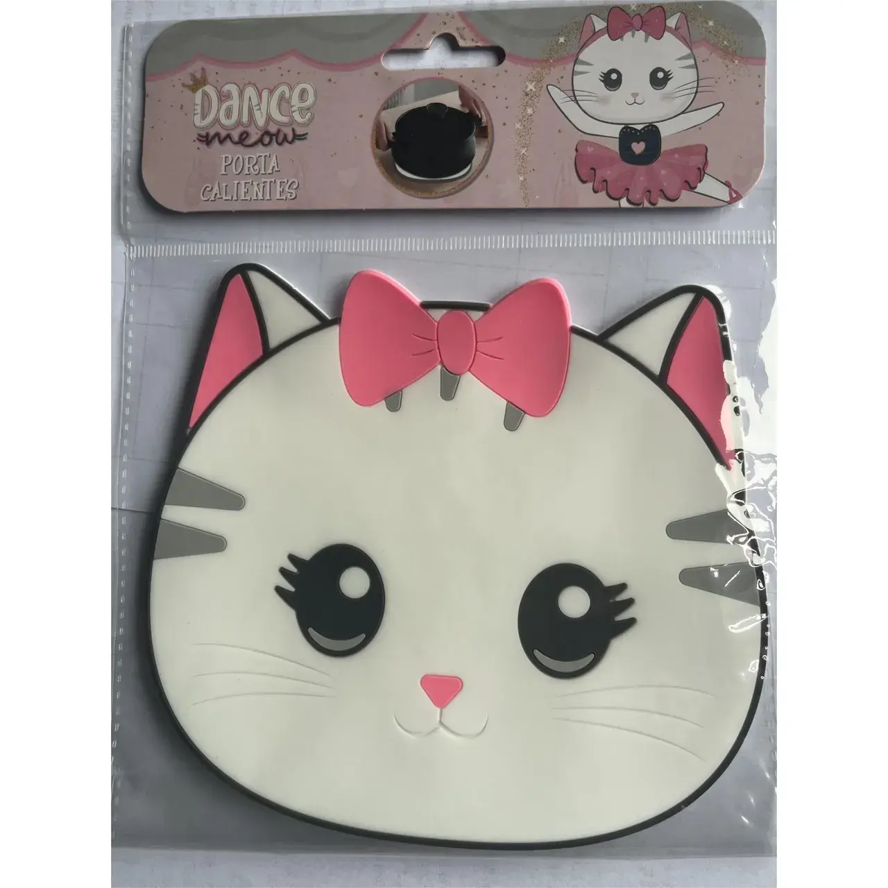 Suport pentru Pahar, Model Pisicuta, din PVC, 15.5 x 15.5 cm, Rezistent la Caldura, Alb/Roz (2)