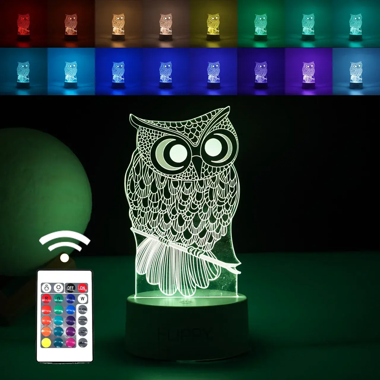 Lampa LED decorativa, 3D, Bufnita, cu USB si baterii, 20 cm inaltime, din material acril, lumina multicolora si telecomanda inclusa, alb