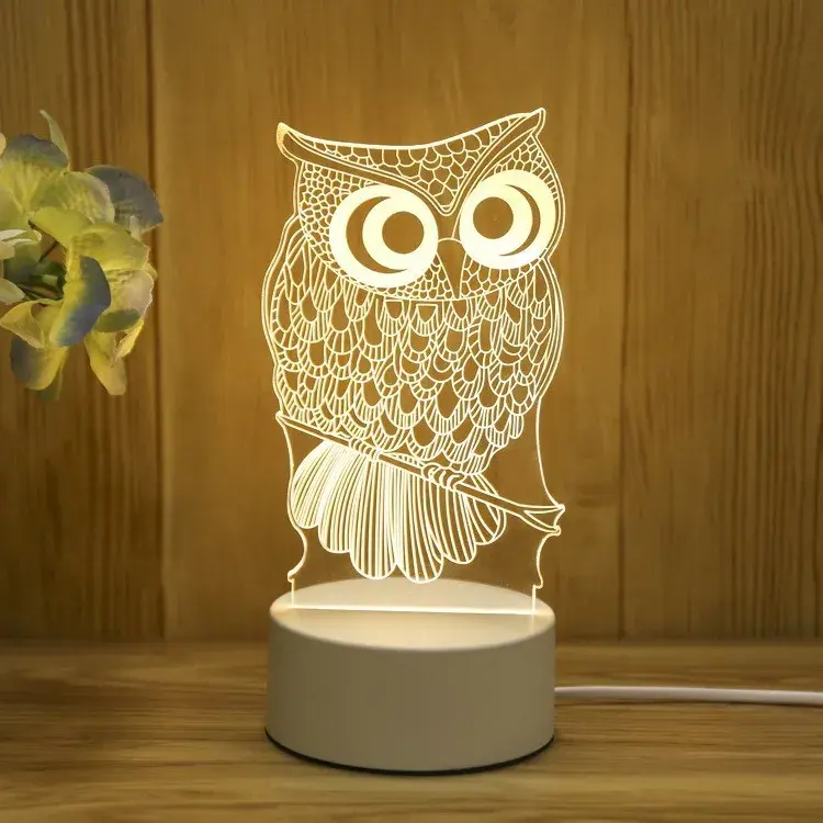 Lampa LED decorativa, 3D, Bufnita, cu USB si baterii, 20 cm inaltime, din material acril, lumina multicolora si telecomanda inclusa, alb (6)