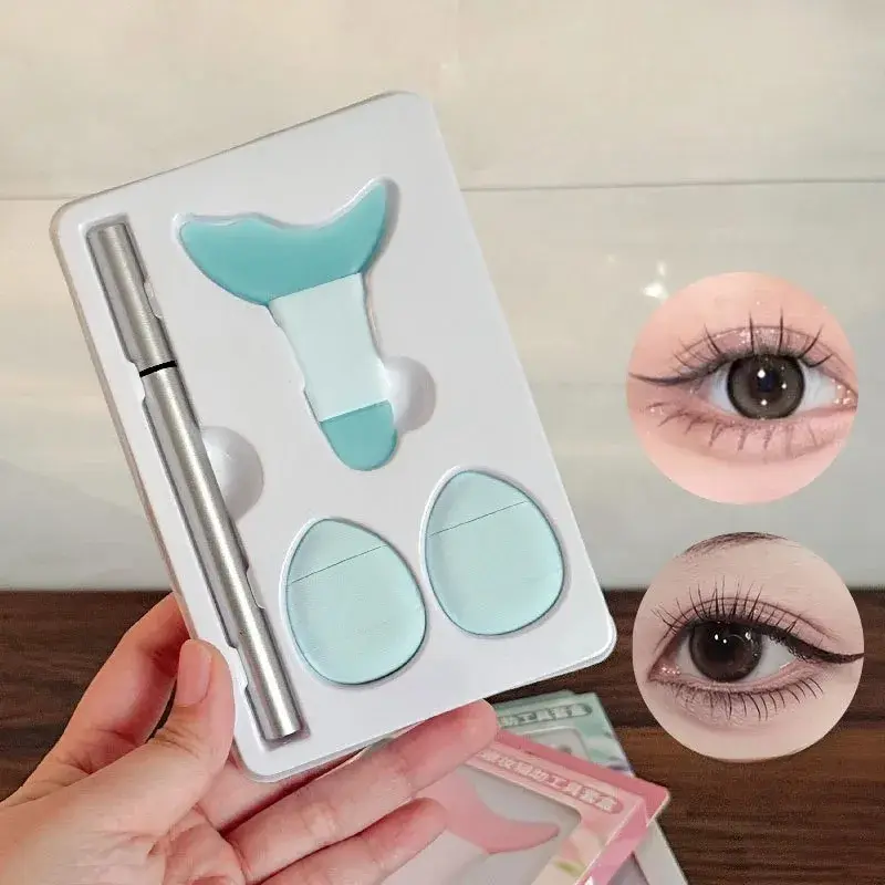 Kit de Aplicare Tuș pentru Începători, 4 Piese, Șablon Eyeliner și Accesorii Machiaj, Tuș Impermeabil Negru, Cutie Mint (4)