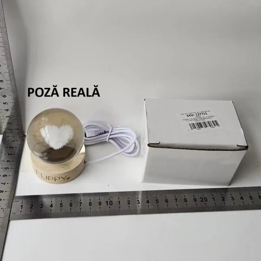 Lampa LED Decorativa, Bila de Cristal cu Diametru 6cm, Model Inima 3D, Alimentare USB, Suport din Lemn, Lumina Alb Cald (5)