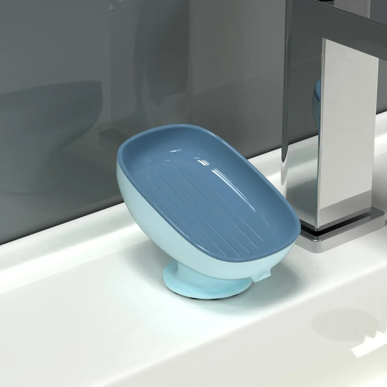 Savoniera din Plastic, cu Ventuza, Design Modern, Albastru (4)