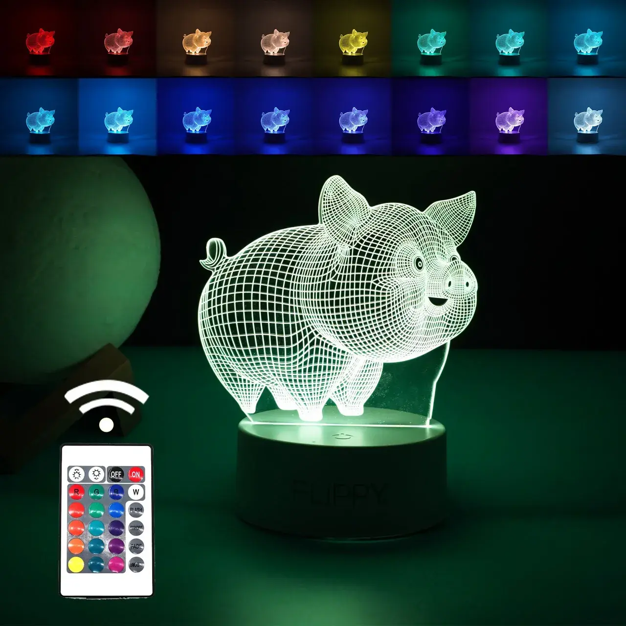 Lampa LED decorativa, 3D, Porcusor Gras, din material acril si lumina multicolora, alb