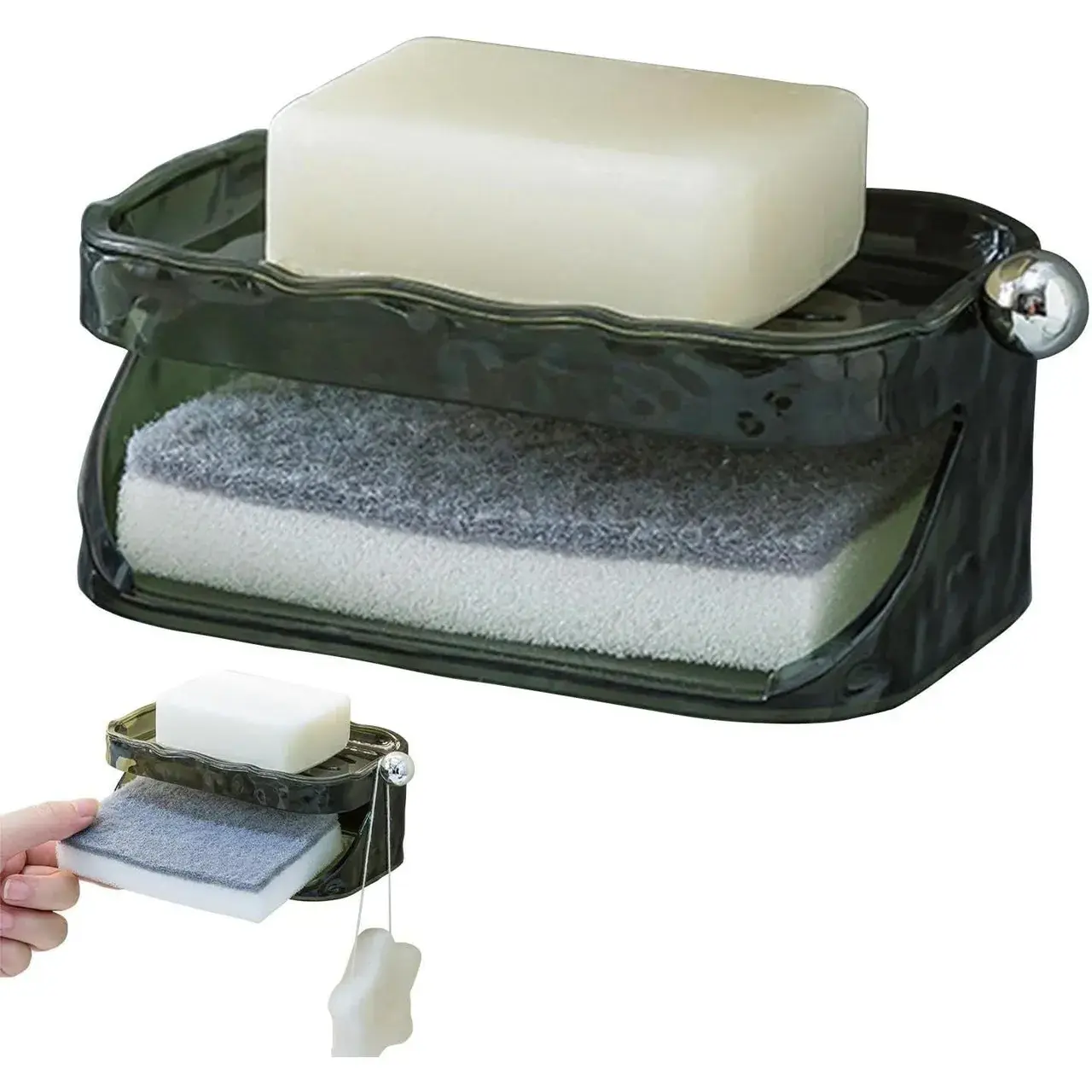Savoniera Dubla, 2 Straturi, Instalare fara Perforare, Agatatoare Burete, 13.5 x 8.5 x 6 cm, Verde Inchis (3)