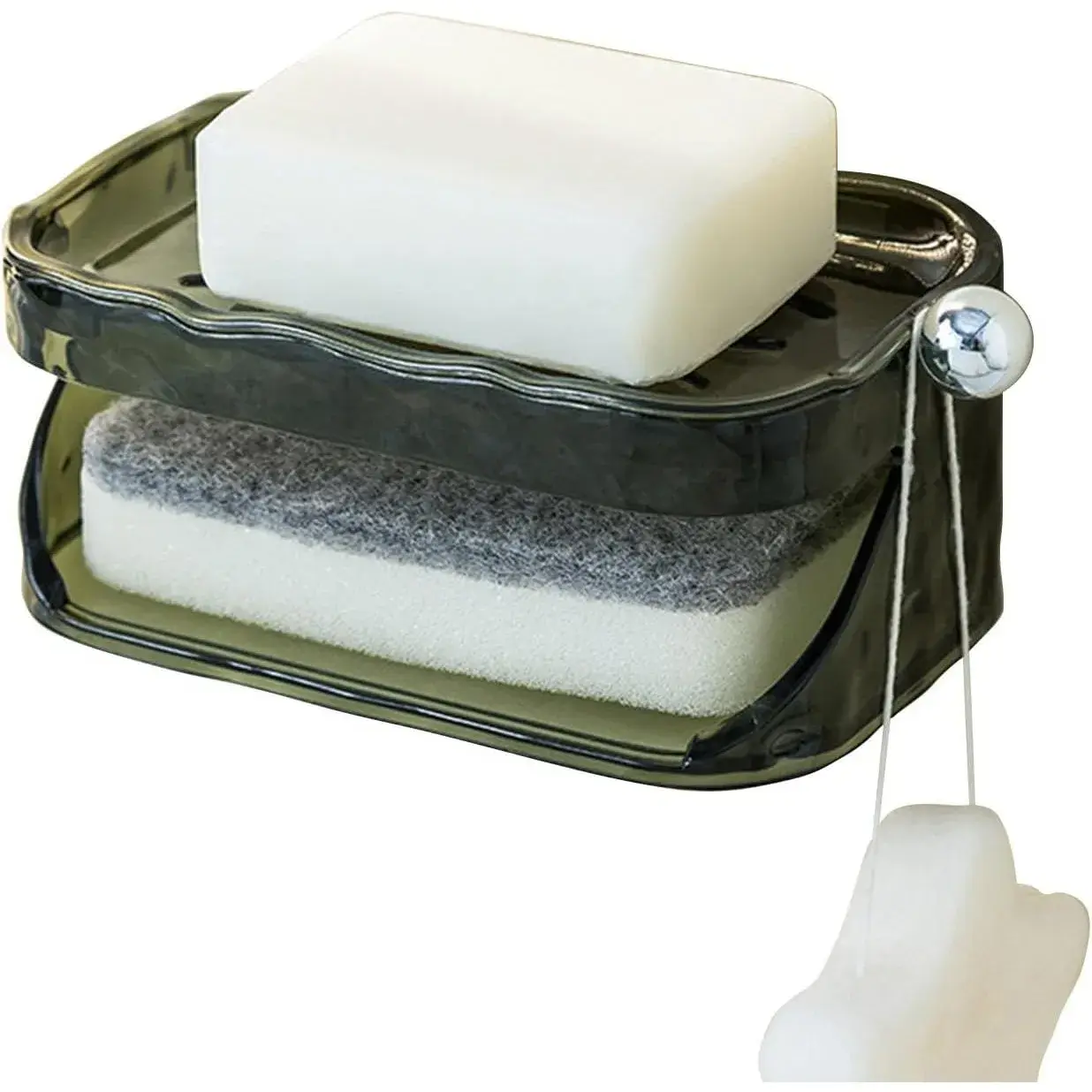 Savoniera Dubla, 2 Straturi, Instalare fara Perforare, Agatatoare Burete, 13.5 x 8.5 x 6 cm, Verde Inchis (4)
