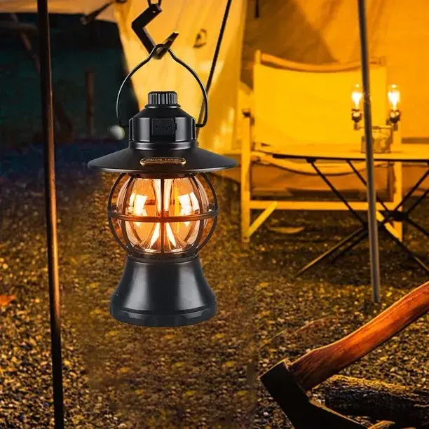 Lampă de camping retro portabilă, Felinar Vintage LED ABS, Acumulator inclus 1200 mAh, reincarcabila, 20 cm inaltime, 3 moduri de iluminare, intensitate reglabila,Lampa portabila pentru cort în aer liber, Negru (2)