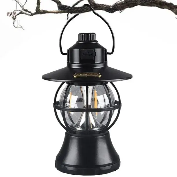 Lampă de camping retro portabilă, Felinar Vintage LED ABS, Acumulator inclus 1200 mAh, reincarcabila, 20 cm inaltime, 3 moduri de iluminare, intensitate reglabila,Lampa portabila pentru cort în aer liber, Negru (3)