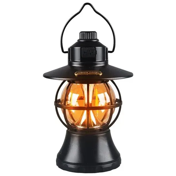 Lampă de camping retro portabilă, Felinar Vintage LED ABS, Acumulator inclus 1200 mAh, reincarcabila, 20 cm inaltime, 3 moduri de iluminare, intensitate reglabila,Lampa portabila pentru cort în aer liber, Negru (4)