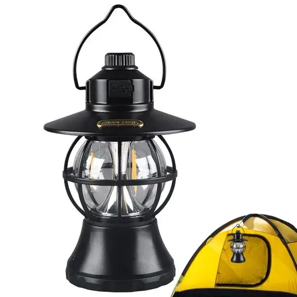 Lampă de camping retro portabilă, Felinar Vintage LED ABS, Acumulator inclus 1200 mAh, reincarcabila, 20 cm inaltime, 3 moduri de iluminare, intensitate reglabila,Lampa portabila pentru cort în aer liber, Negru (5)