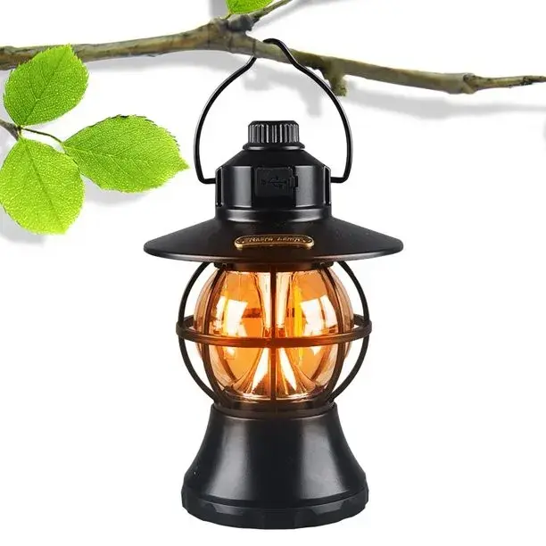 Lampă de camping retro portabilă, Felinar Vintage LED ABS, Acumulator inclus 1200 mAh, reincarcabila, 20 cm inaltime, 3 moduri de iluminare, intensitate reglabila,Lampa portabila pentru cort în aer liber, Negru (6)