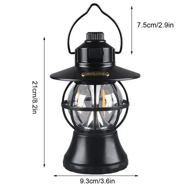 Lampă de camping retro portabilă, Felinar Vintage LED ABS, Acumulator inclus 1200 mAh, reincarcabila, 20 cm inaltime, 3 moduri de iluminare, intensitate reglabila,Lampa portabila pentru cort în aer liber, Negru (7)