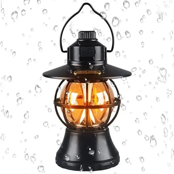 Lampă de camping retro portabilă, Felinar Vintage LED ABS, Acumulator inclus 1200 mAh, reincarcabila, 20 cm inaltime, 3 moduri de iluminare, intensitate reglabila,Lampa portabila pentru cort în aer liber, Negru (8)