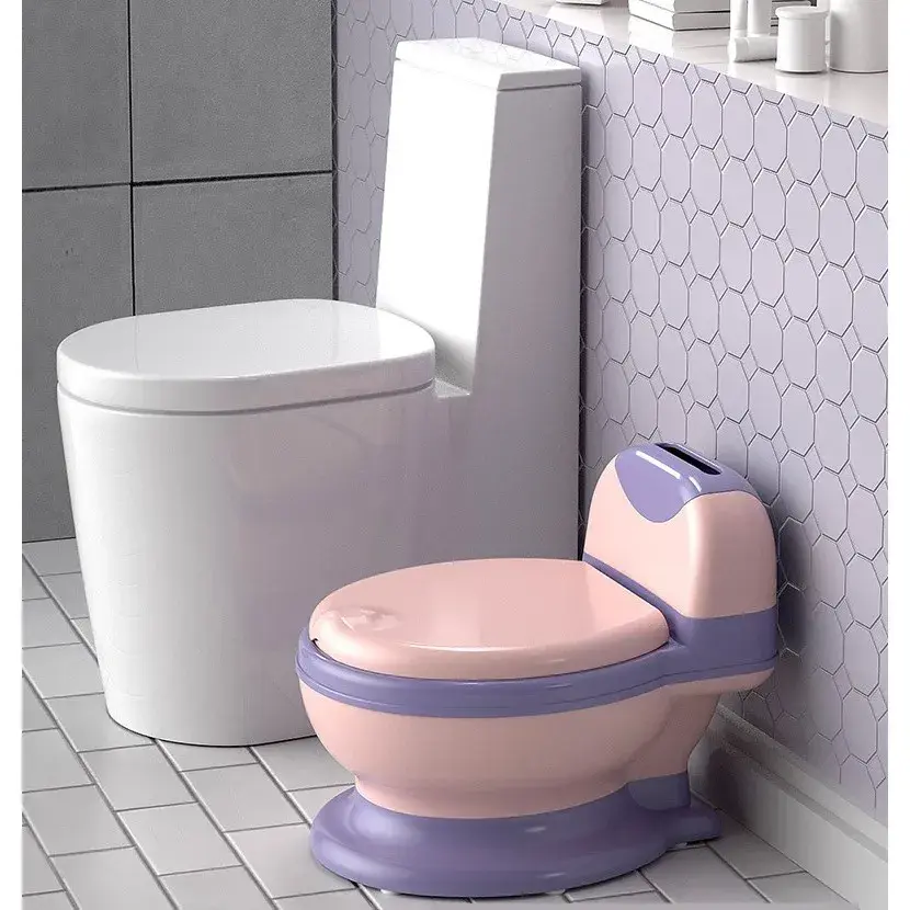 Olita Bebelusi, pentru Copii 1 - 8 Ani, Model Toaleta Adulti, Colac Moale PVC, Compartiment Detasabil, Cutie Depozitare Hartie, 34 x 32 x 19 cm, Roz/Mov (2)