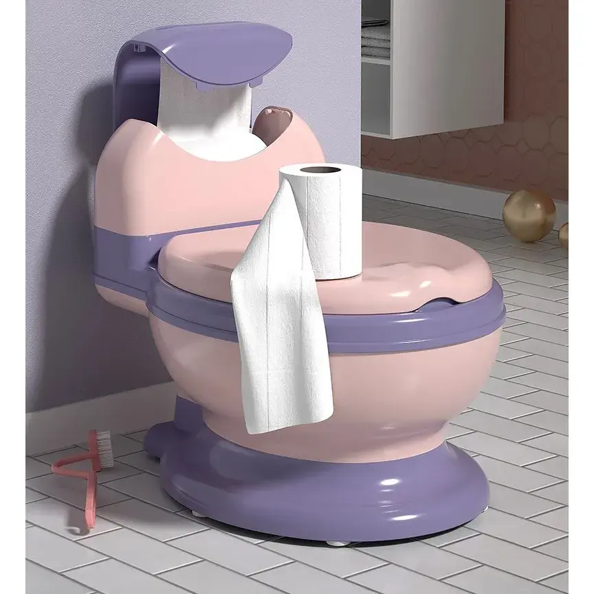Olita Bebelusi, pentru Copii 1 - 8 Ani, Model Toaleta Adulti, Colac Moale PVC, Compartiment Detasabil, Cutie Depozitare Hartie, 34 x 32 x 19 cm, Roz/Mov (3)