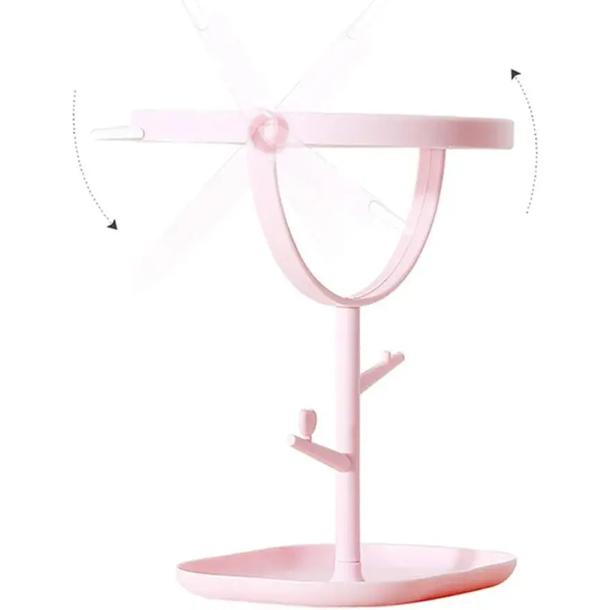 Oglina Cosmetica cu Picior, HD, Rotire 360 Grade, 15 cm Diametru, Suport Bijuterii Baza + 2 Brate pentru Accesorii, Model cu Urechi Albe de Ursulet, 30 x 16.5 x 15 cm, Roz (2)