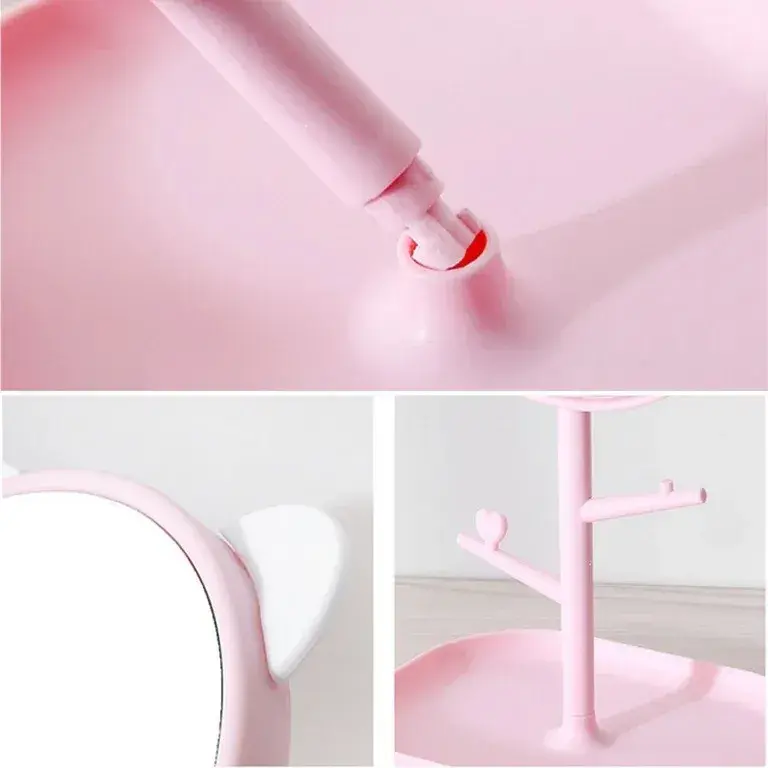 Oglina Cosmetica cu Picior, HD, Rotire 360 Grade, 15 cm Diametru, Suport Bijuterii Baza + 2 Brate pentru Accesorii, Model cu Urechi Albe de Ursulet, 30 x 16.5 x 15 cm, Roz (3)