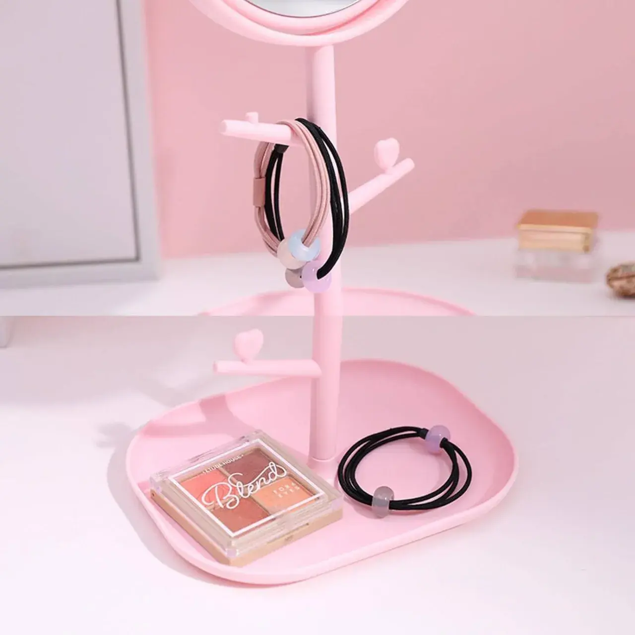 Oglina Cosmetica cu Picior, HD, Rotire 360 Grade, 15 cm Diametru, Suport Bijuterii Baza + 2 Brate pentru Accesorii, Model cu Urechi Albe de Ursulet, 30 x 16.5 x 15 cm, Roz (4)