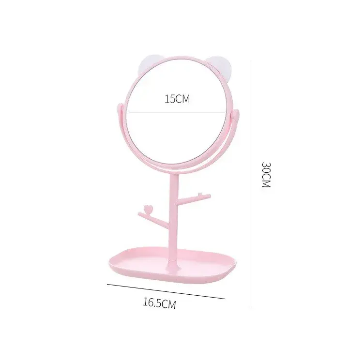 Oglina Cosmetica cu Picior, HD, Rotire 360 Grade, 15 cm Diametru, Suport Bijuterii Baza + 2 Brate pentru Accesorii, Model cu Urechi Albe de Ursulet, 30 x 16.5 x 15 cm, Roz (5)
