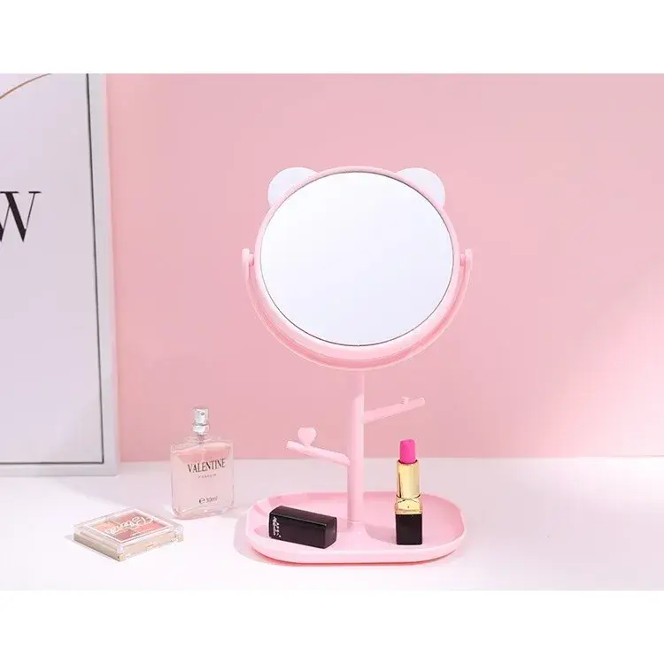 Oglina Cosmetica cu Picior, HD, Rotire 360 Grade, 15 cm Diametru, Suport Bijuterii Baza + 2 Brate pentru Accesorii, Model cu Urechi Albe de Ursulet, 30 x 16.5 x 15 cm, Roz (6)