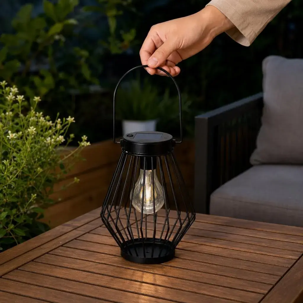 Lampa Solara, Cu Maner pentru Agatare, Alimentare Solara, Iluminare pentru Exterior, pentru Gradina, Curte si Terasa, Lumina Calda, 20x17 cm, Negru (6)