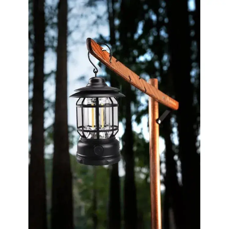Lampa portabila camping, Felinar Vintage cu carlig, ABS, Iluminare 21 COB LED, Intensitate reglabila, 5W, Negru (2)