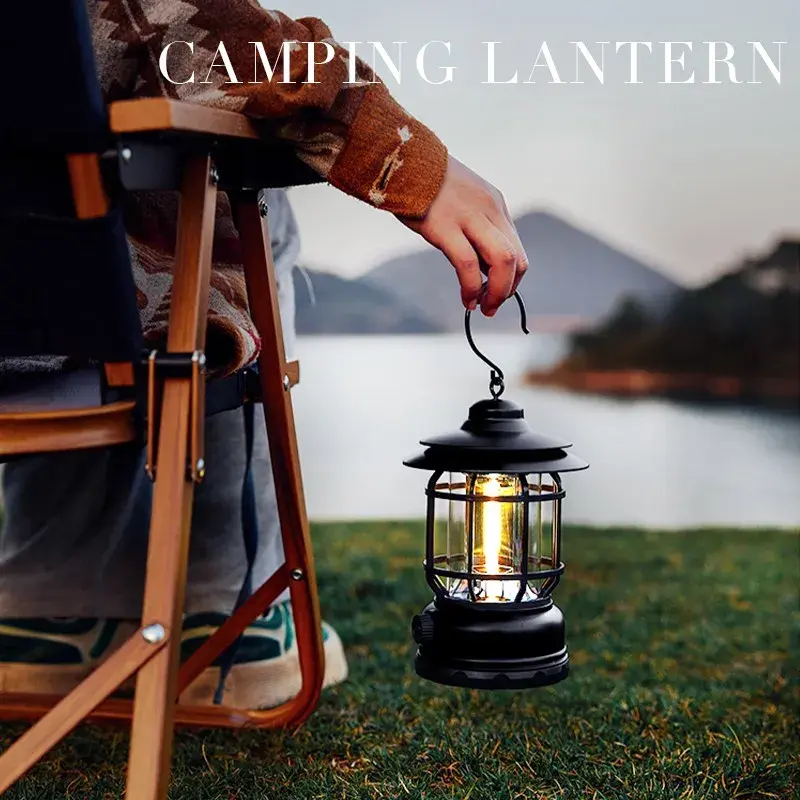 Lampa portabila camping, Felinar Vintage cu carlig, ABS, Iluminare 21 COB LED, Intensitate reglabila, 5W, Negru (4)