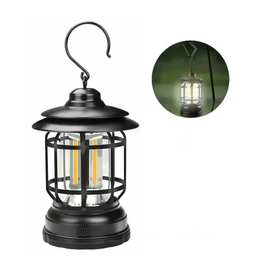 Lampa portabila camping, Felinar Vintage cu carlig, ABS, Iluminare 21 COB LED, Intensitate reglabila, 5W, Negru (6)