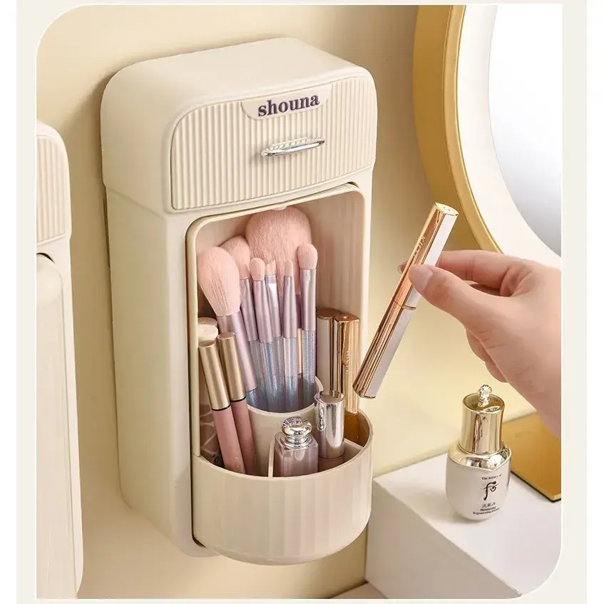 Organizator Rotativ Baie, 4 Compartimente si 1 Sertar, Rotire 360 Grade, din PP+PET, 27.5 x 16 x 11 cm, Crem (3)