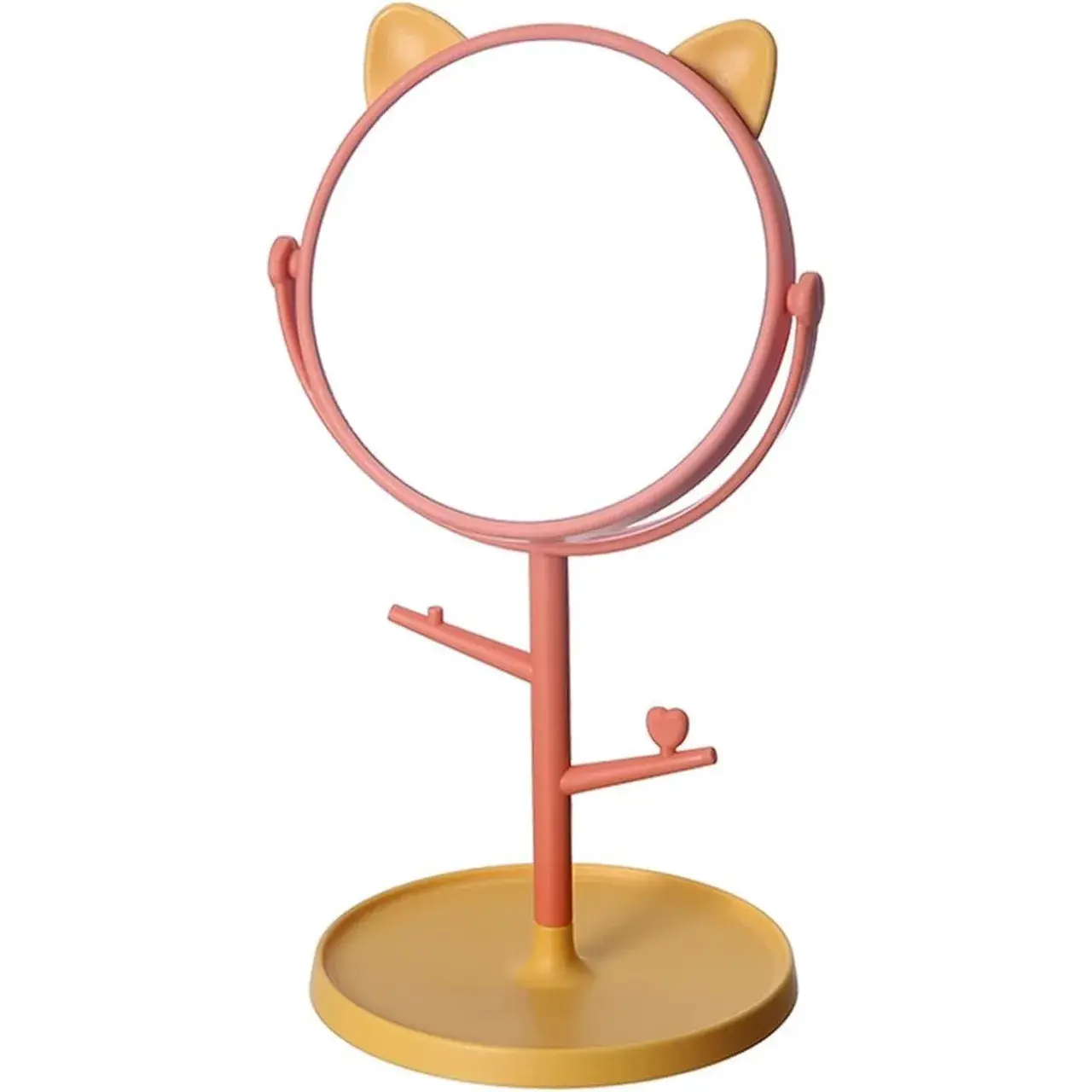 Oglina Cosmetica cu Picior, HD, Rotire 360 Grade, 15 cm Diametru, Suport Bijuterii Baza Rotunda + 2 Brate pentru Accesorii, Model cu Urechi Galbene de Ursulet, 31 x 14.5 x 15 cm, din Plastic, Portocaliu