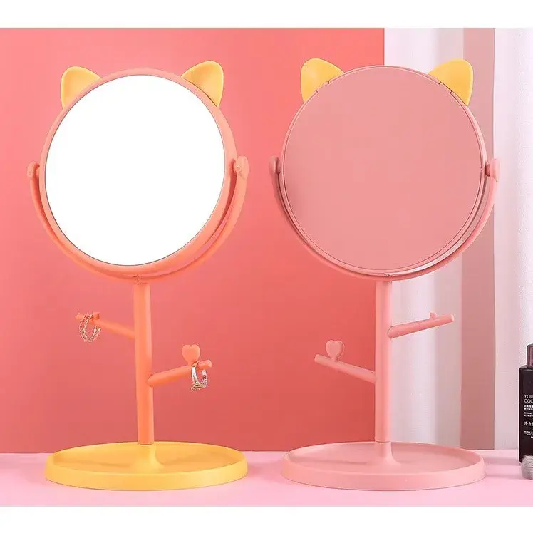 Oglina Cosmetica cu Picior, HD, Rotire 360 Grade, 15 cm Diametru, Suport Bijuterii Baza Rotunda + 2 Brate pentru Accesorii, Model cu Urechi Galbene de Ursulet, 31 x 14.5 x 15 cm, din Plastic, Portocaliu (3)