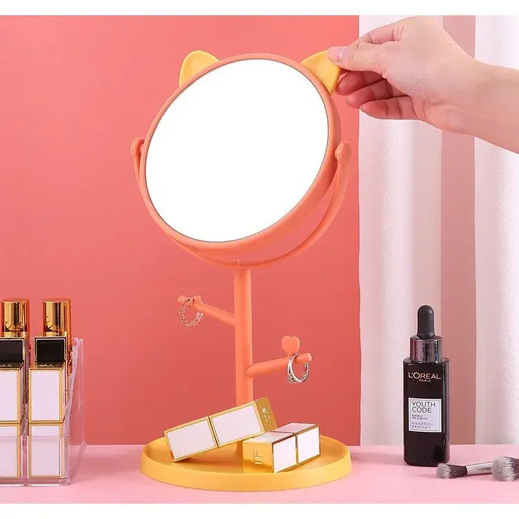 Oglina Cosmetica cu Picior, HD, Rotire 360 Grade, 15 cm Diametru, Suport Bijuterii Baza Rotunda + 2 Brate pentru Accesorii, Model cu Urechi Galbene de Ursulet, 31 x 14.5 x 15 cm, din Plastic, Portocaliu (4)