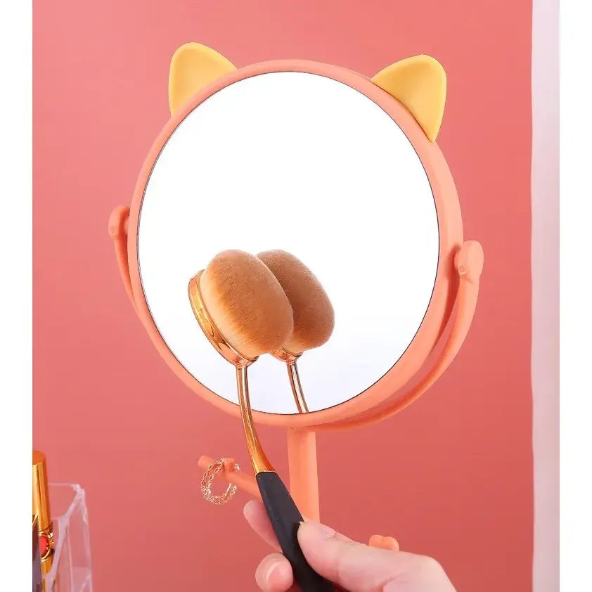Oglina Cosmetica cu Picior, HD, Rotire 360 Grade, 15 cm Diametru, Suport Bijuterii Baza Rotunda + 2 Brate pentru Accesorii, Model cu Urechi Galbene de Ursulet, 31 x 14.5 x 15 cm, din Plastic, Portocaliu (5)