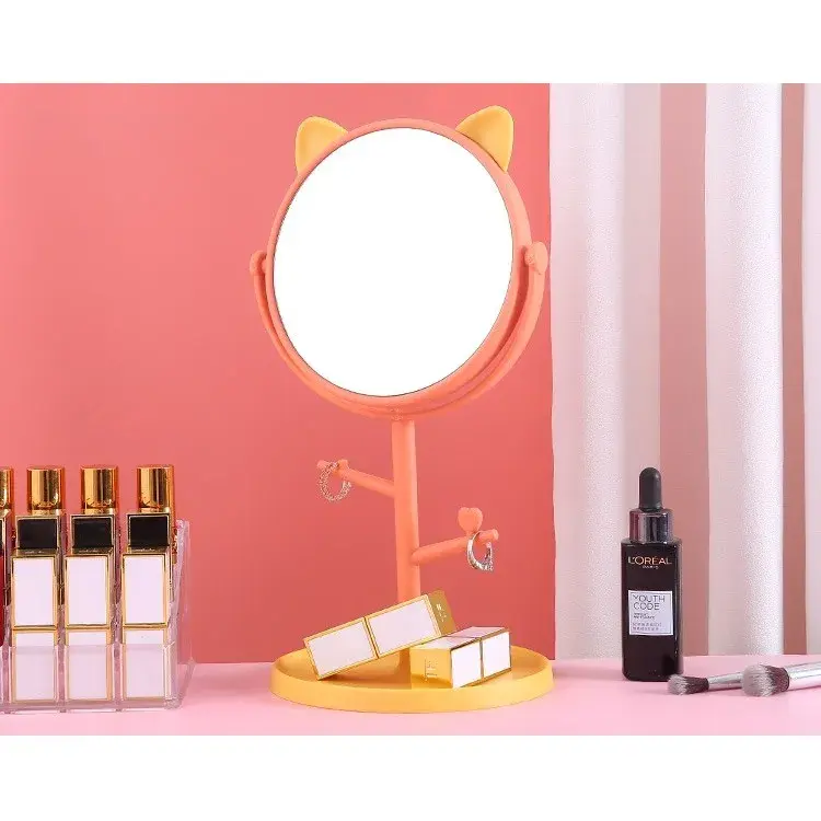 Oglina Cosmetica cu Picior, HD, Rotire 360 Grade, 15 cm Diametru, Suport Bijuterii Baza Rotunda + 2 Brate pentru Accesorii, Model cu Urechi Galbene de Ursulet, 31 x 14.5 x 15 cm, din Plastic, Portocaliu (6)